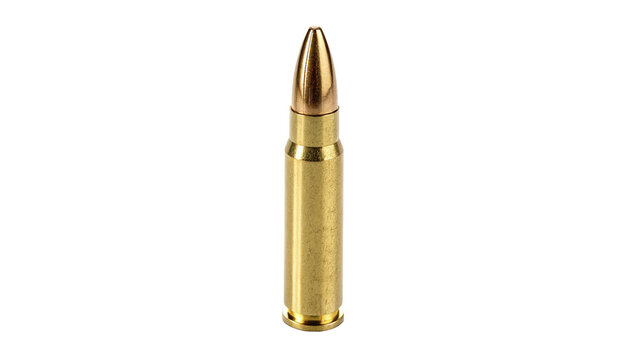 Single gold metallic bullet ammunition cartridge isolated on transparent background for military defense