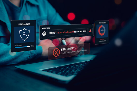 Cybersecurity URL scanner detecting a suspicious website, malicious link and high-risk threat, representing phishing prevention, web protection, risk analysis and online security monitoring.
