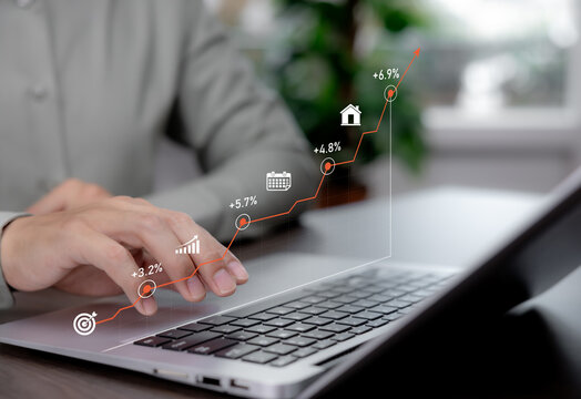 Business growth concept with rising performance chart, milestones and percentage gains, representing strategic planning, goal achievement, revenue growth and long-term business success.
