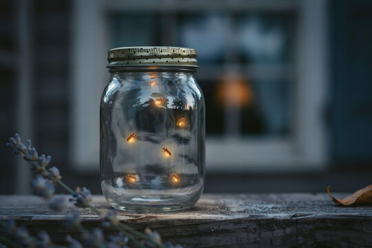 A clear glass mason jar with glowing fireflies inside placed on a wooden ledge with lavender sprigs and a blurred house in the background