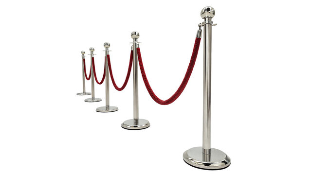Luxury silver stanchions with red velvet rope isolated on transparent background for VIP event