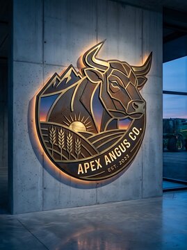Backlit metallic bull logo sign on a modern concrete wall