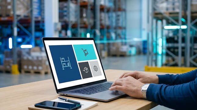 Person using a laptop to manage warehouse logistics and inventory software in a distribution center.