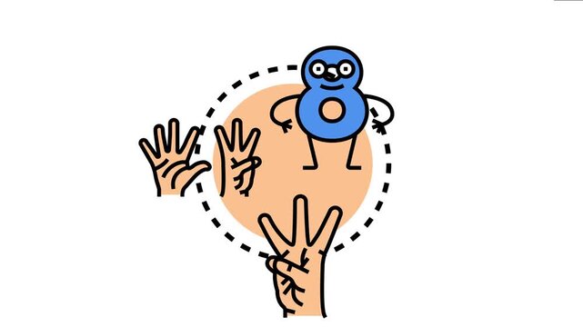 Cartoon number eight character with glasses symbolizing advanced arithmetic ability, surrounded by hands counting, representing education, intelligence, and a high level of mathematical skill