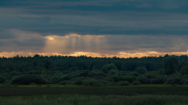 Sunbeams breaking through dark storm clouds above forest and wetland at sunset