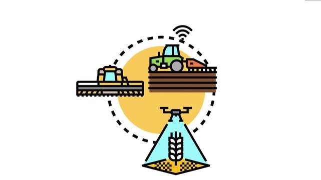 Farming icons smart agricultural technology solutions for planting, spraying, and harvesting, optimizing field production and yield