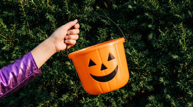 Child hand holding an orange plastic jack-o-lantern candy bucket for Halloween trick or treat