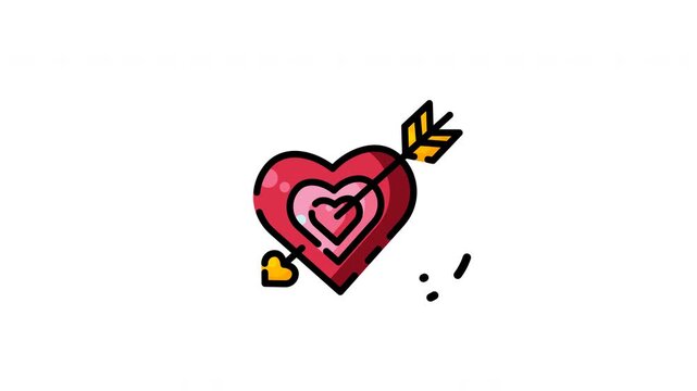Animated heart shaped targets with golden arrow motion streaks represent love and aiming for the heart. Suitable for valentines day designs.