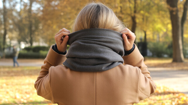 Woman wearing a warm coat and a gray snood scarf from behind, standing in autumn park with yellow trees.