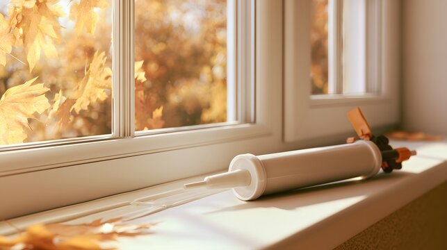 A caulking gun prepared for sealing windows to improve insulation before colder weather.