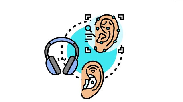 Advanced ear health technologies integrating detection and monitoring systems, featuring a diagnostic ear, a hearing aid within an ear, and headphones for comprehensive auditory care and development