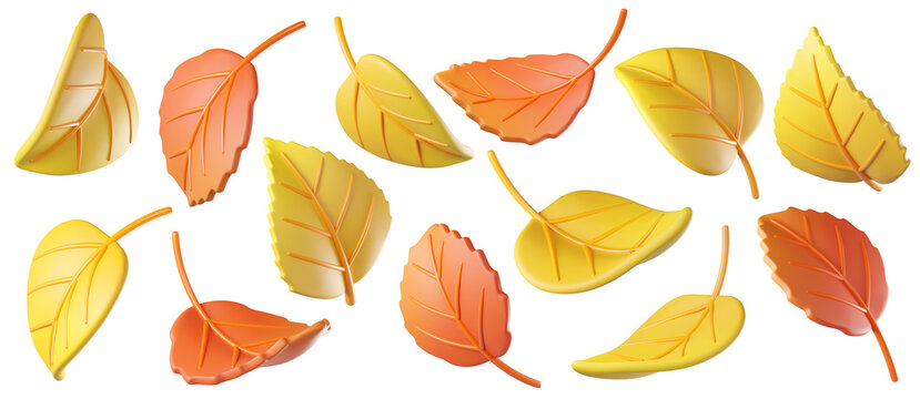 Set of 3d falling colorful autumn leaves in yellow and orange isolated on background, perfect for seasonal design, greeting cards, decor, scrapbooking, and festive branding.3d render
