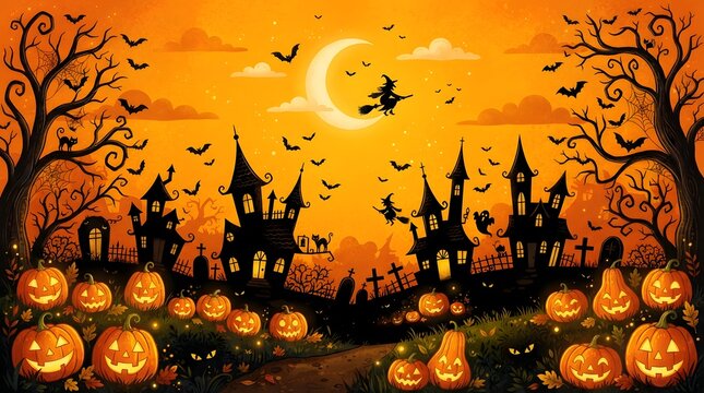 Halloween night landscape with haunted house and jackolanterns