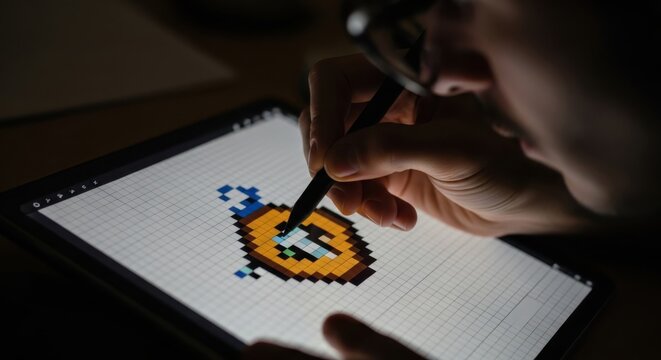 Close up of a person using a digital stylus pen to draw a small orange pixel on a tablet screen in a dimly lit room environment