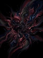 Abstract dark fluid art with swirling red and black ink textures.