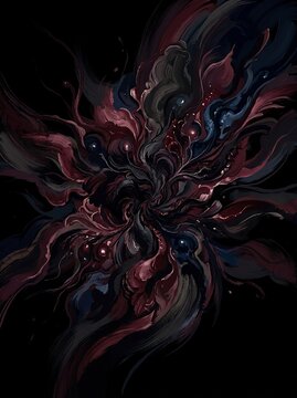 Abstract dark fluid art with swirling red and black ink textures.