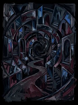Abstract dark surrealist painting of a spiraling architectural labyrinth.
