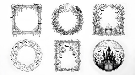 Fototapeta premium Set of six handdrawn halloween frames and circular borders