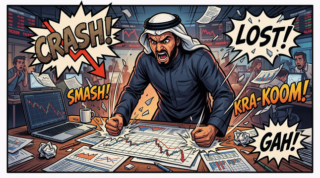 A dramatic pop-art comic illustration of a furious Arab businessman slamming his hands on a desk full of declining financial charts during a sudden stock market crash.
