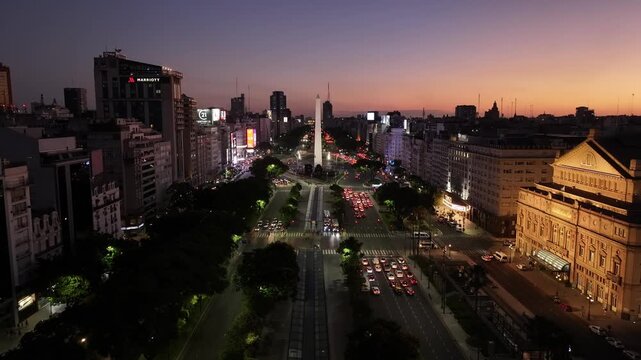 Aerial view of the city obelisk at night in Buenos Aires, Argentina