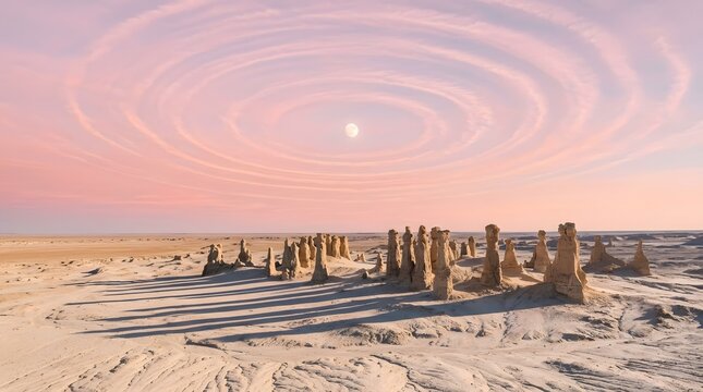 Ethereal Desert Landscape with Ancient Stone Formations and Celestial Swirls.