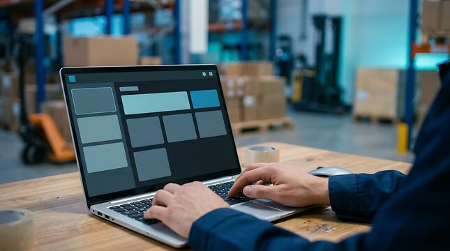 Warehouse worker using a laptop to manage inventory and logistics in a distribution center.
