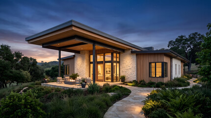 Fototapeta premium Modern luxury home exterior at twilight, contemporary villa with stone and wood siding, elegant residential architecture with outdoor patio