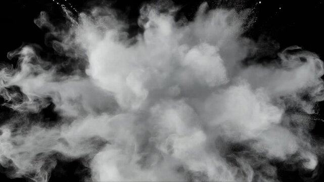 Slow-motion burst of white powdery smoke and fluid ink particles on a black backdrop. Soft d 