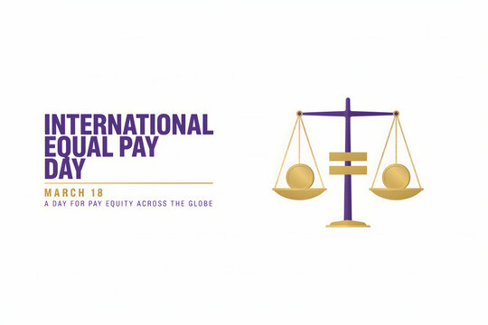 International equal pay day featuring a purple and gold balance scale and text on a white background, for march 18 awareness
