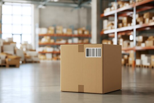 Versandpaket mit Barcode zur Sendungsverfolgung in einer Lagerhalle