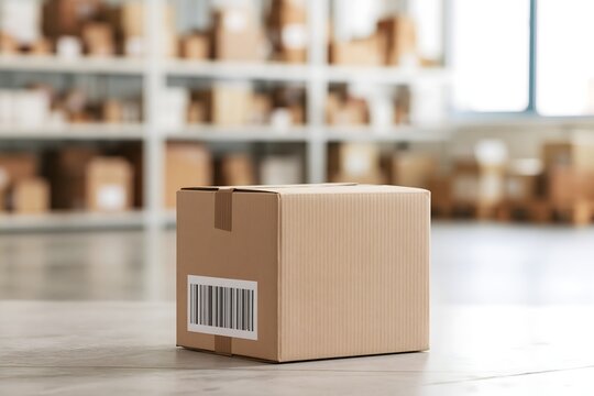 Neutrales Versandpaket mit Barcode in einem hellen Warenlager