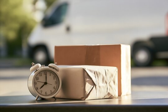 Wecker neben Versandpaket und Lieferwagen als Symbol f&uuml;r Lieferverz&ouml;gerung
