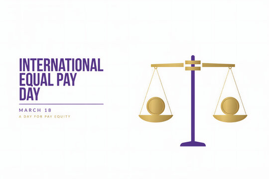 International equal pay day with a purple and gold balance scale and text on a white background, for march 18 awareness