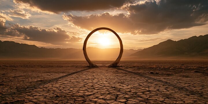 Large circular wooden arch frame standing on dry cracked desert ground framing warm setting sun between distant mountains under cloudy sky represents new beginnings
