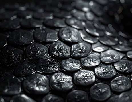 Close-up view of overlapping black, textured oval shapes with a reflective surface.