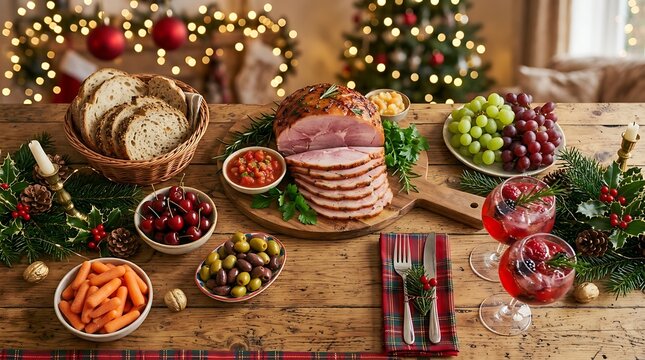 Festive christmas table setting with a glazed ham, fresh bread, grapes, cherries, carrots, olives, and holiday drinks on a rustic wooden table