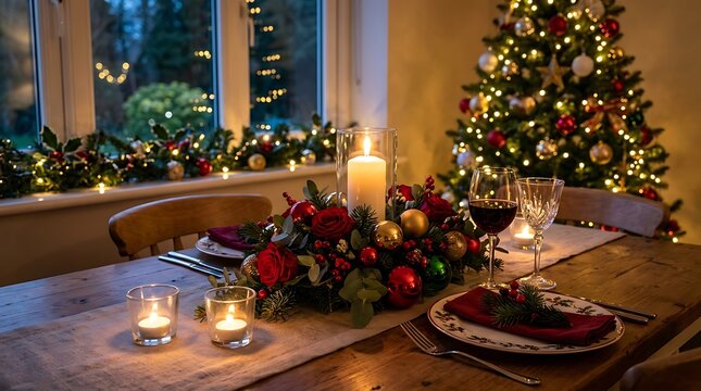 Festive christmas table setting with a centerpiece of red roses, ornaments, and candles, with a decorated tree in the background and a cozy atmosphere