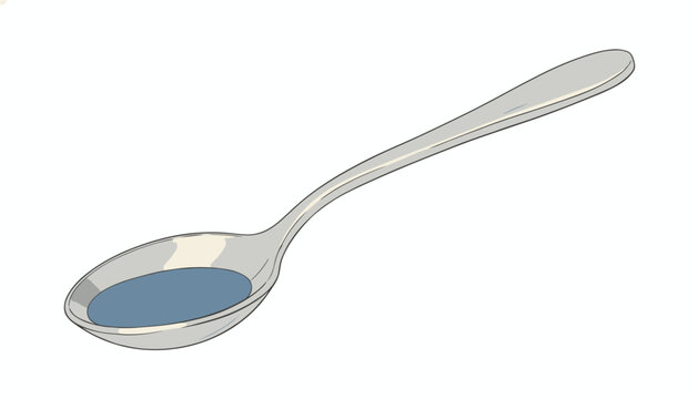 Detailed drawing of a metallic silver spoon filled with a mysterious blue liquid isolated on a white background.