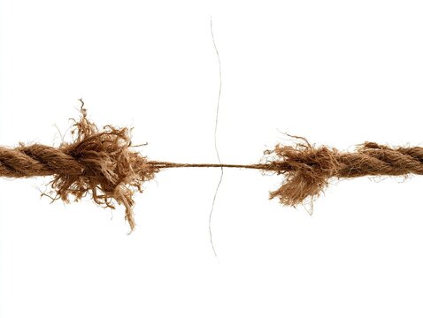 Close up of a frayed rope about to break on a white background.