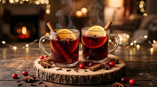 Two mugs of steaming mulled wine with cinnamon sticks, orange slices, star anise, and cranberries on a rustic wooden board in a cozy setting