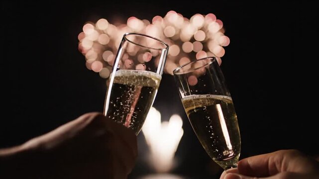Two hands toasting champagne flutes with fireworks in background