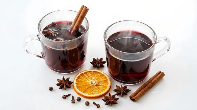 Two glass mugs of hot mulled wine with cinnamon sticks, star anise, orange slices and cloves, isolated on white background