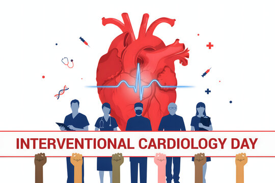 Medical professionals and a large red heart with a pulse line for the interventional cardiology day awareness celebration banner