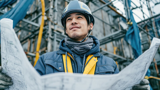 Construction worker holding blueprint giving instruction at suburban site