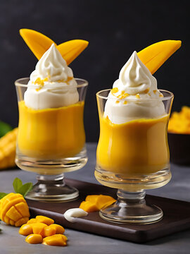 Two mango mousse desserts in elegant glass bowls with whipped cream topping and fresh fruit slices for luxury dining catering or restaurant promotion concept.