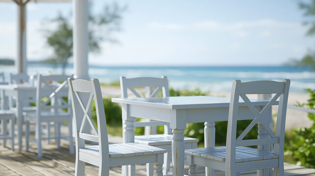 Beach cafe white chair ocean view turquoise water summer sunlight seaside table resort terrace calm scene