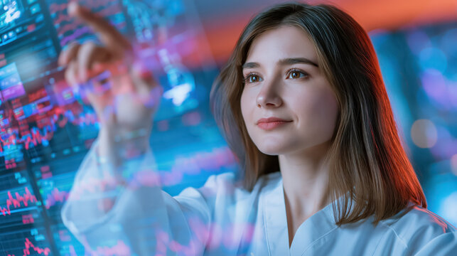 Doctor reviewing patient medical data on transparent display in modern hospital