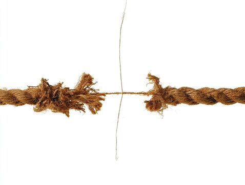 Close-up of a frayed rope about to break against a white background.