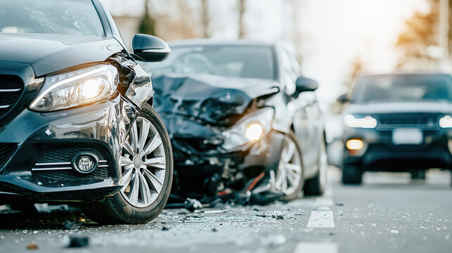 Car crash damaged car road accident vehicle damage traffic collision front view sedan car broken headlight dented bumper road safety