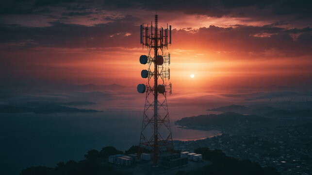 High altitude drone photograph of telecommunications tower with sunrise breaking through layered clouds
